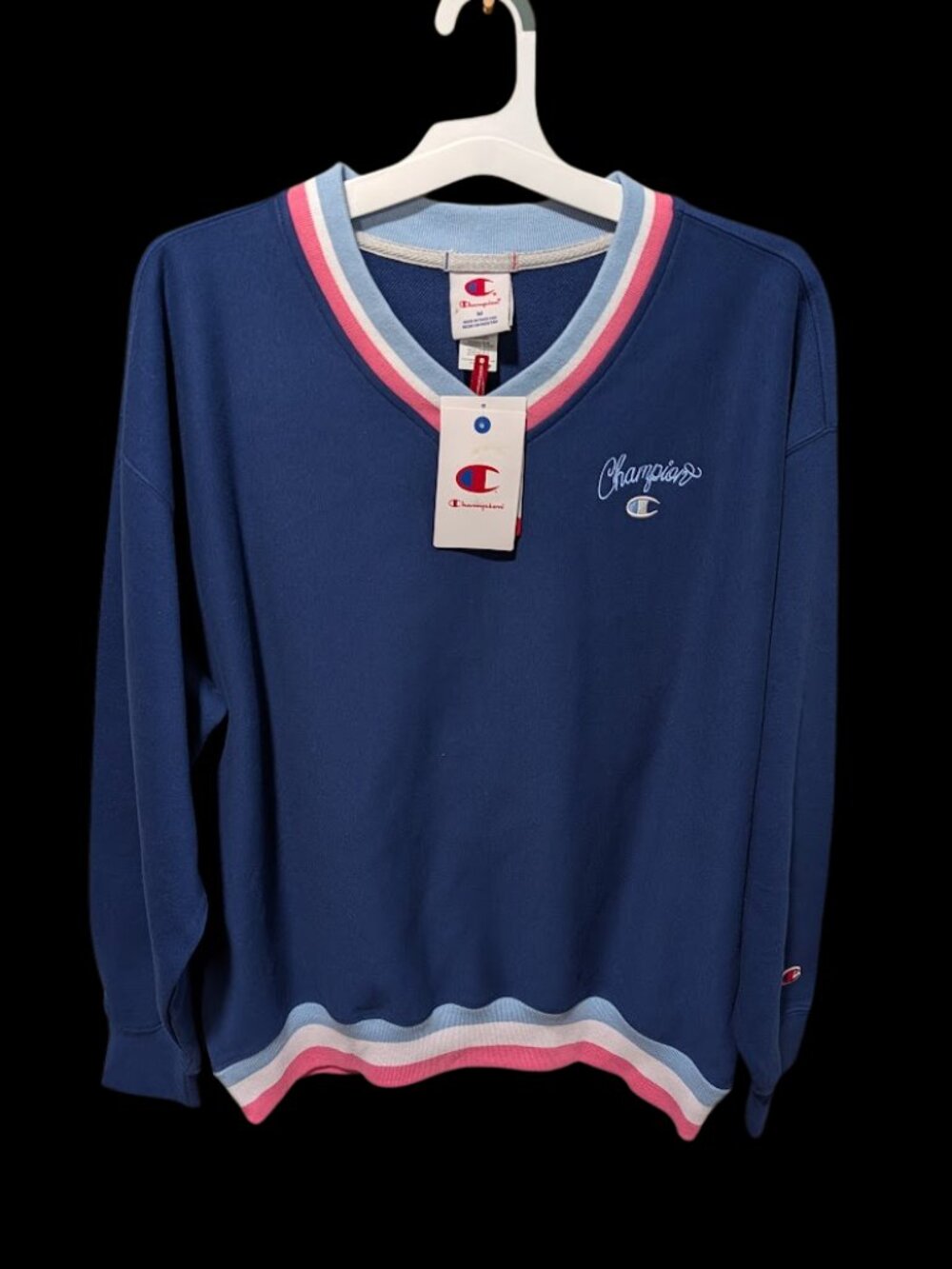 Champion Club Sport Striped V‑Neck French Terry Pullover Men Blue Depths (M)